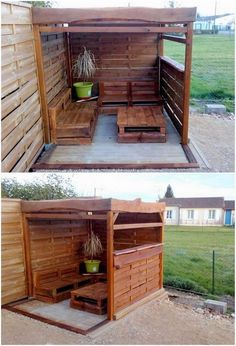 two pictures of the outside of a wooden shed with benches and potted plants in it