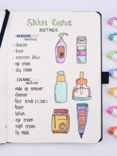 an open notebook with different types of skin care items