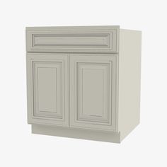 a white cabinet with two doors and one drawer on the bottom, against a white background