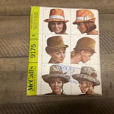 McCall's 9175 Sewing Pattern Misses  Hat Wardrobe Fedora Bowler Cowboy Hat Aussie Look Hat 60s Hat Styles  New, uncut pattern. McCall's 9175; ©1968; Hat Wardrobe. All Hats have the same two-piece crown; each has a different brim. (Felt and organdy interfacing throughout; lined crown and inner grosgrain ribbon headband.) A - The Fedora, with a brim flipped up at back, down in front, has a leather buckled band. B - The Bowler has a small shaped brim high at sides and down at front and back; chain-like metallic braid hat band. C - The COWBOY has a broad brim which cups slightly all around by means of boning at edge and a grosgrain ribbon hat band and trimming. Optonal trim-stitching can cover brim, one side can be flipped up for Aussie look. Five Panel Hat Sewing Pattern, Vintage Hat Patterns To Sew, Aviator Hat Pattern Sewing, Vintage Six-panel Spring Hats, Cabby Hat, Vintage Wool Visor Hat, Helmet Hat, Women Hats, Ribbon Headbands