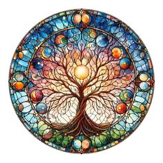 the tree of life is depicted in this stained glass window, which features many different colors and shapes