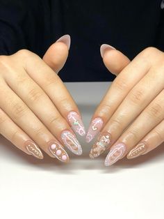 IG: gen.nailed.that Nail Description: Medium Almond Nails with Pink Turquoise and Brown Gingerbread House Designs With 3D Hello Kitty Nail Inspo Christmas Almond, Gingerbread Nails Almond, Almond Gingerbread Nails, Gingerbread Almond Nails, Pink And Brown Christmas Nails, Gingerbread Hello Kitty Nails, Pink Christmas Nails Gingerbread, Gingerbread Nails Pink, Christmas Nail Designs Almond Shape