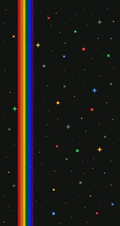 an image of a rainbow in the dark sky with stars and circles on it's side