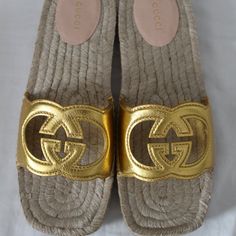 All Of My Items Are Guaranteed 100% Authentic You Are Looking At A Beautiful Designer Pair Of Sandals Made By Gucci Size 39.5 And 40 Heels .75" Leather Uppers And Accented With Cut Out Interlocking Ggs Brand New With Box, Gucci Cards And Dust Bag Gucci Slide Heels, Gucci Perforated G Sandal, Luxury Gold Slip-on Sandals, Designer Gold Flat Sandals, Designer Gold Sandals With Round Toe, Gucci Luxury Flat Heel Sandals, Gucci Luxury Sandals With Leather Sole, Gucci Sandals With Leather Sole For Summer, Designer Gold Closed Toe Sandals