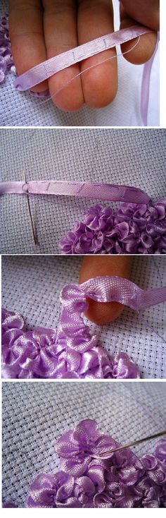 three pictures showing how to tie a ribbon with scissors and thread, including the first photo being sewn