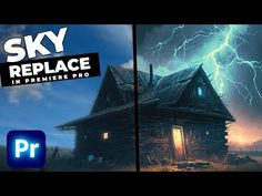 an old house with lightning coming out of it and the words sky replace in front of it