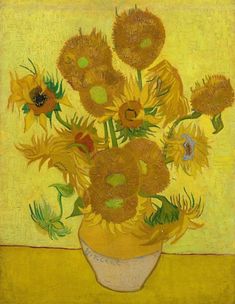 a painting of sunflowers in a vase on a table