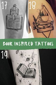 three different tattoos on the arms and legs with text reading books inspired tattoo designs for men