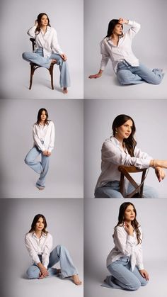 a woman sitting on top of a wooden chair in different stages of posing for the camera