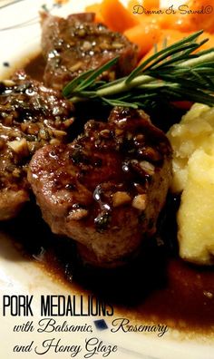 pork medallions with balsamic rosemary and honey glaze on a white plate