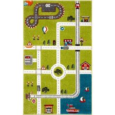 a child's play rug with cars and trucks on the road in green grass