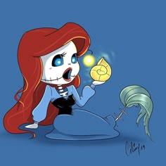 the little mermaid is sitting on her stomach and holding a light bulb in her hand