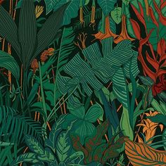 an image of a jungle scene with flowers and plants