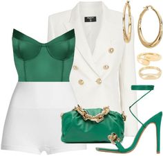 Emerald Green And White Outfit Ideas, Green Outfit Elegant, Green Night Out Outfit, Emerald Green Outfits For Women, Emerald Outfit Aesthetic, Emerald Outfits For Women, Green And White Outfits For Women, Emerald Clothes, Green Classy Outfit