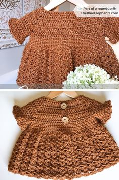 the crocheted baby dress is made from yarn and has buttons on it, along with white flowers