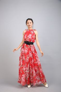 Chiffon Red Flower Long Party Dress Evening Wedding Lightweight Sundress Summer Holiday Beach Dress Bridesmaid Dress Maxi Skirt Detail Info: ❤ Color: Red flower as picture More color choice link: https://www.etsy.com/listing/213656440/chiffon-dress-color-card?ref=shop_home_feat_1 you just note the color you want with order, we will make according to your note. ❤ Material: Chiffon ❤ The dress doesn't limit the chest size and waist size, arm hole 45cm (if your upper arm circle circumference is mor Party Chiffon Maxi Sundress, Elegant Summer Maxi Chiffon Dress, Sleeveless Chiffon Floral Dress For Summer, Red Chiffon Party Dress For Spring, Red Chiffon Dress For Spring Party, Spring Party Red Chiffon Dress, Elegant Maxi Floral Dress For The Beach, Elegant Maxi Length Floral Beach Dress, Elegant Floral Maxi Dress For Beach