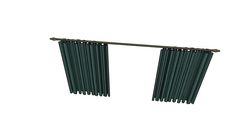 two green curtains hanging on the side of a white wall