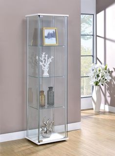 Bellatrix Rectangular 4-shelf Curio Cabinet White and Clear - 951072 - Luna Furniture White Curio Cabinet, Curio Cabinet Displays, Glass Curio Cabinets, Glass Display Case, Glass Cabinets Display, Tempered Glass Shelves, Tempered Glass Door, Glass Display, Curio Cabinet