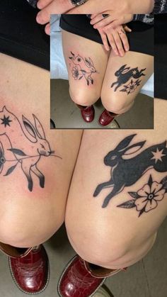 Tattoos That Open Up On Arm, Black And White Rabbit Tattoo, Long Horizontal Tattoo, Black And White Bunny Tattoo, Two Headed Rabbit Tattoo, Tattoos For Sensitive People, Two Rabbits Tattoo, American Traditional Bunny Tattoo, Jackalope Tattoo Traditional