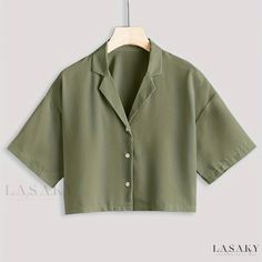 Lasaky - Professional Womens Short Sleeve Button-Up Shirt with Lapel Collar Shirting Fabric, Boho Shirt, Cropped Style, Crop Blouse, Button Front Shirt, Style Boho, Short Sleeve Button Up, Crop Shirt, Chest Pad