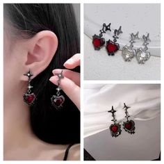 Y2K Goth Heart Cross Star Pendant Earrings Women Red Zircon Love Dangle Earring Gothic Irregular Bride Friend, Gothic Y2k, Red Heart Earrings, Y2k Goth, Black Liquid, Aesthetic Jewelry, Popular Fashion, Ring Pendant Necklace, Halloween Earrings