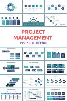 the powerpoint diagram for project management is shown in blue and red colors, with arrows pointing