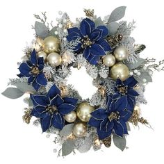 a christmas wreath with blue and silver decorations