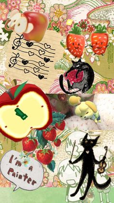 a collage with an apple, cat and other items in the background that include fruit