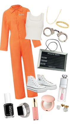 an orange jumpsuit with white shoes, sunglasses and lipstick on the bottom is shown