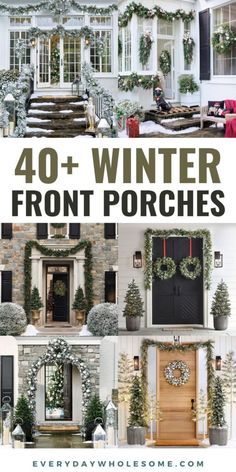 the front porch is decorated for christmas with wreaths and greenery on each door