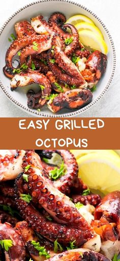 grilled octopus is served in a bowl with lemon wedges and parsley on the side