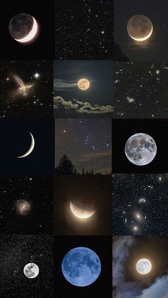 many different images of the moon and stars in the night sky, all showing their phases