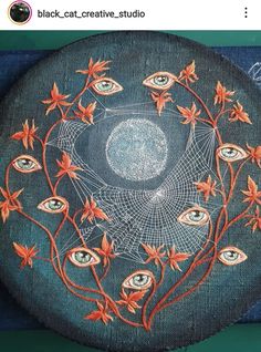 an artistically painted plate with eyeballs and flowers