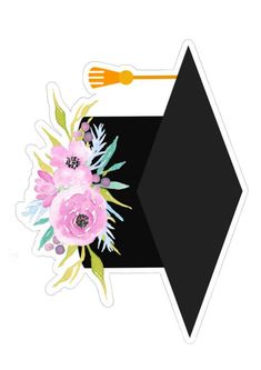 an arrow with flowers on it and a fork sticking out of the center