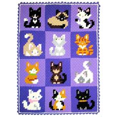 a purple blanket with cats and kittens on it's sides, all in different colors