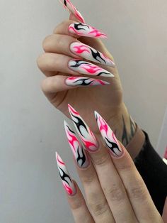 Pink Black Nails, Rave Nails, Scary Nails, Self Nail, Black Acrylic Nails, Gothic Nails, Diy Acrylic Nails