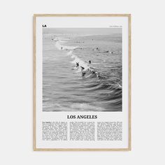 a black and white photo of surfers in the ocean with an article about los angeles