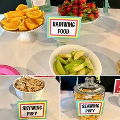 there are many different types of food on the table with name tags in each bowl