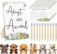 an assortment of animal themed items including pencils, markers and notepad with the words adopt an animal written on it