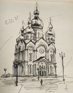 a drawing of a church with a clock on it