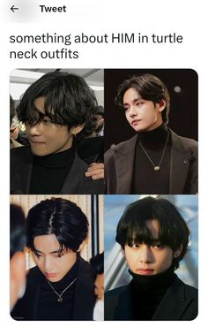 three different pictures of people with black hair and one is wearing a turtle neck sweater