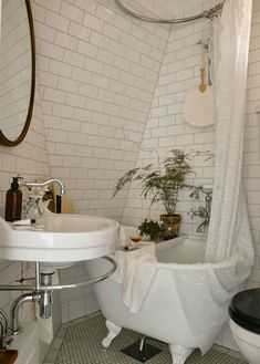 a white bath tub sitting next to a toilet under a bathroom mirror on top of a tiled floor