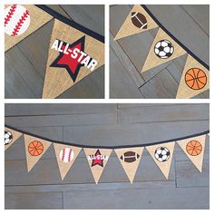 this is an image of a baseball, basketball and soccer ball bunting banner with the name all star on it