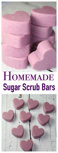 homemade sugar scrub bars with hearts on top and the words homemade sugar scrub bars above them