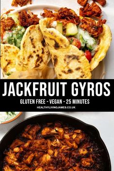 the recipe for jackfruit gyros is shown in this collage