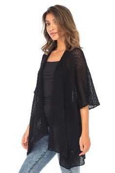 Short sleeve cardigan for women is the perfect go-to when you need a little extra coverage or lightweight shrug layer; so easy to toss on and have on hand for any occasion Open front design is clean and effortless, one size fits S-XL; short sleeve cardigan provides coverage up to 3/4 length on arms and long shrug silhouette covers hips Lightweight cotton cardigan is semi-sheer and breathable, the ideal weight for spring and summer or warm fall days; beautiful textured knit cardigan adds dimensio Summer Long Sleeve One-size Shrug, Versatile Black Sweater For Layering, Spring Black Batwing Sleeve Outerwear, Spring Black Outerwear With Batwing Sleeves, Versatile Open Front Sweater For Layering, Versatile Open Front Cardigan For Layering, Casual Black Stretch Cover-up, Black Stretch Casual Cover-up, Black Stretch Spring Cover-up