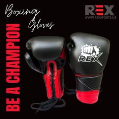 a pair of black and red boxing gloves with the words be a champion on it