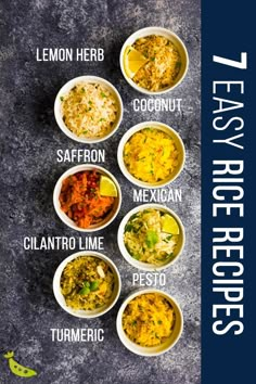 an overhead view of different types of soups in white bowls on a gray background