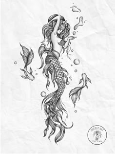 a drawing of a mermaid with long hair and fish tails on it's back