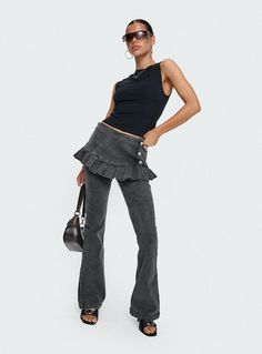 Layered pants Washed black denim, hook & invisible zip fastening at side, flared hem, mid-rise pants, Mini skirt, button fastening, pleated hem Non-stretch material, unlined 98% cotton 2% elastane Wipe down outer garment with damp cloth Casual Black Flares For Night Out, Chic Washed Black Bottoms For Work, Chic Stretch Flares With Frayed Hem, Black Flare Jeans With Stretch, Chic Washed Black Bottoms With Frayed Hem, Chic Cotton Pants With Flared Hem, Chic Stretch Jeans With Flared Hem, Black Stretch Flare Jeans, Trendy Cotton Bottoms With Flared Hem